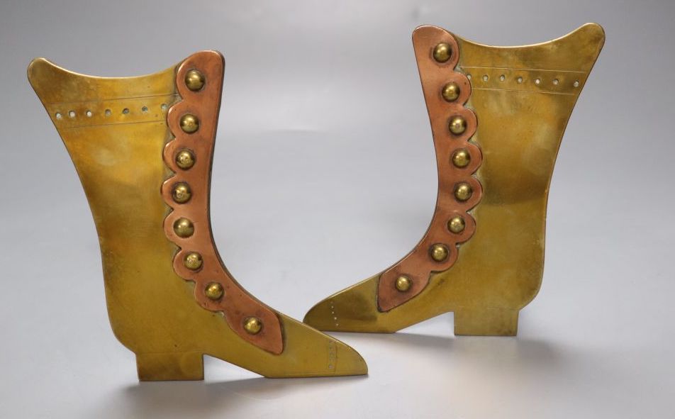 A set of three Victorian papier mache snuff boots, 8cm, a bank nameplate and ornamental brassware (8)